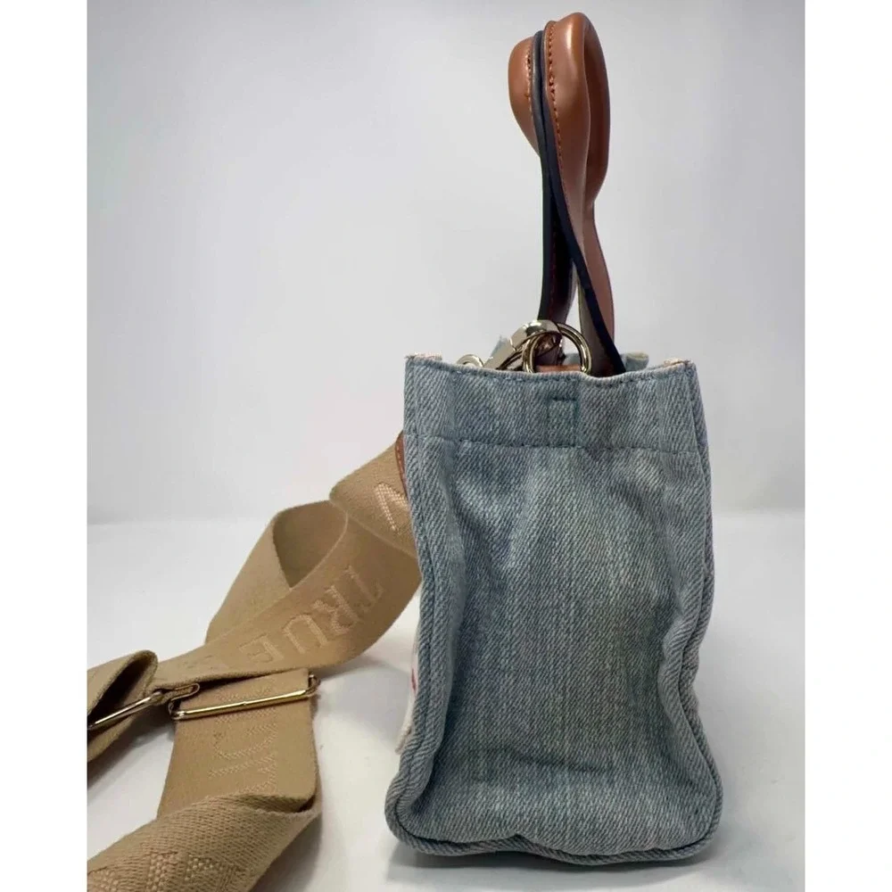 True Religion World Tour Mini Tote Crossbody Bag‎ Denim Buddha Logo Patch Y2K